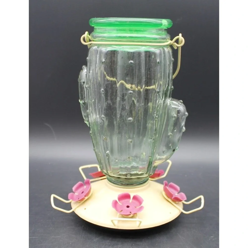 Perky-Pet Cactus Glass Hummingbird Feeder Top Fill Green Jar Pink Flower Ports